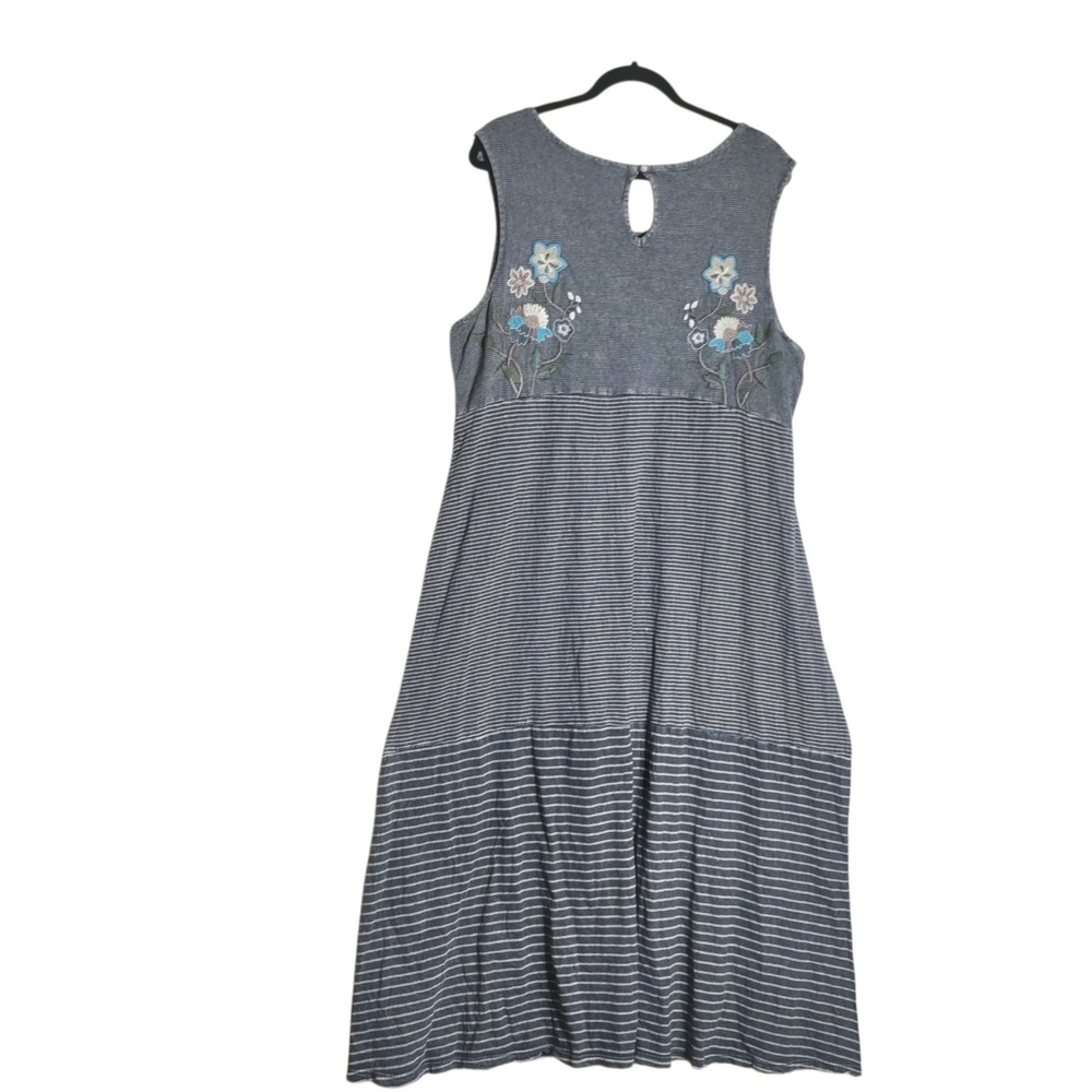 Coldwater Creek Womens XL Grey Striped Floral Embroidered Cotton Midi Dress